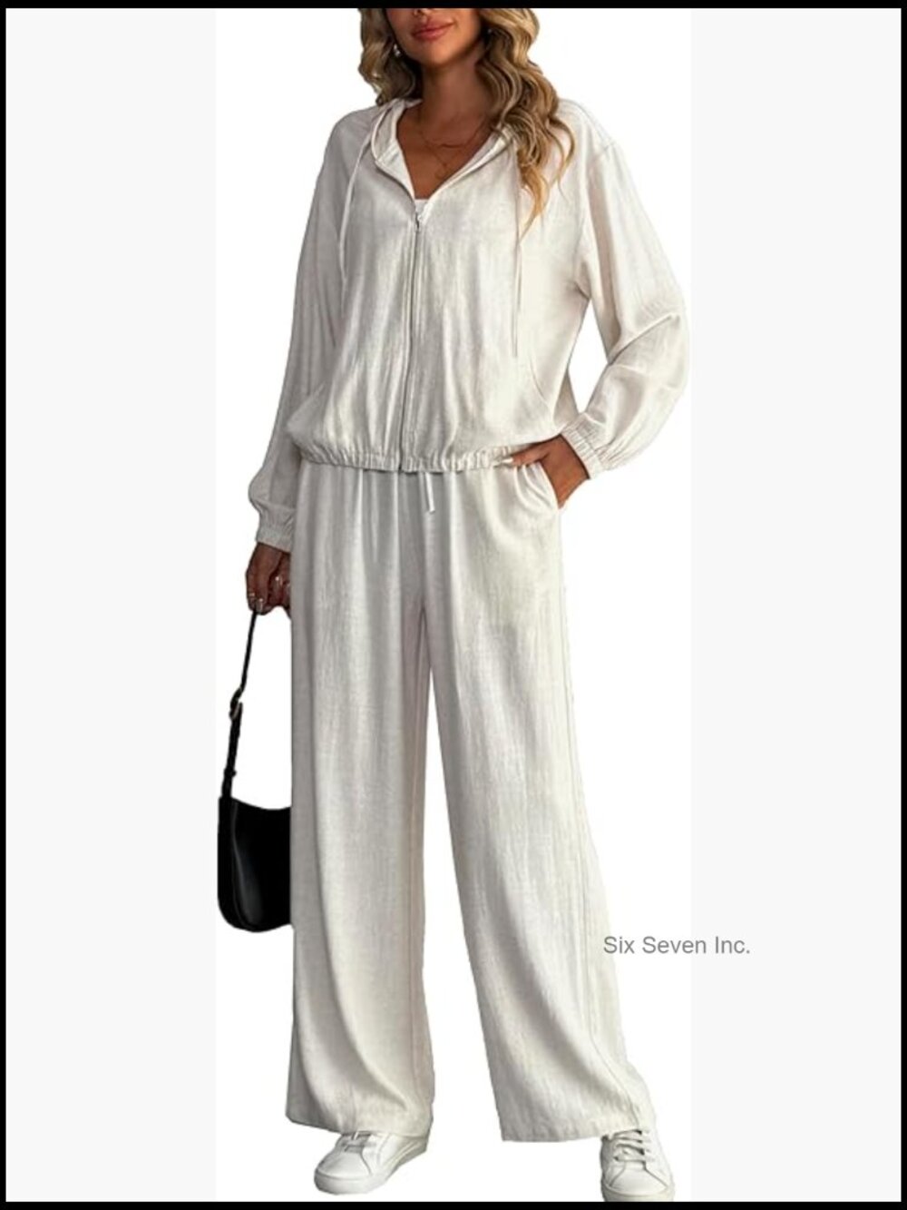 Linen Blend 2 Piece Zip Up Hoodie and Wide Leg Pant Lounge Set